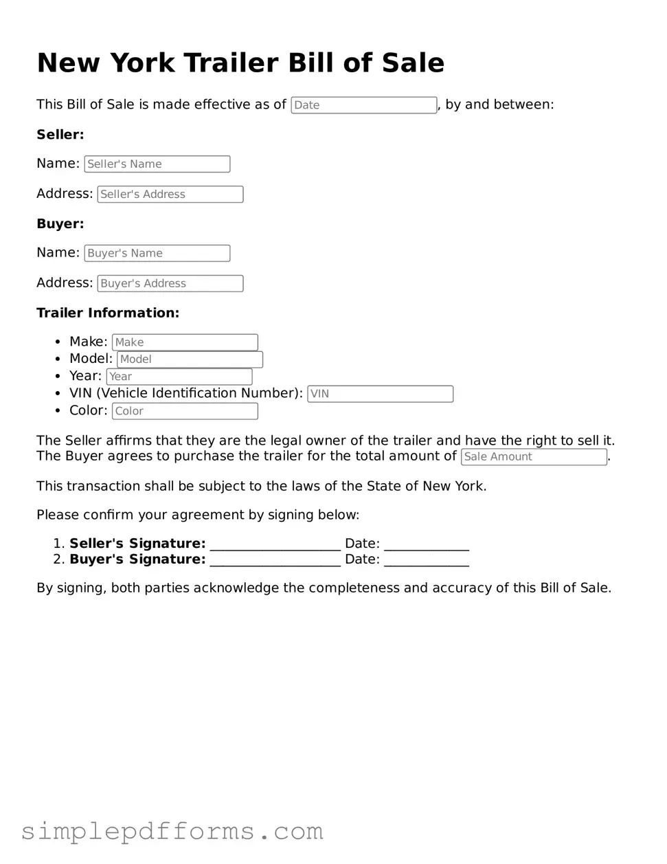 Attorney-Verified Trailer Bill of Sale Document for New York State