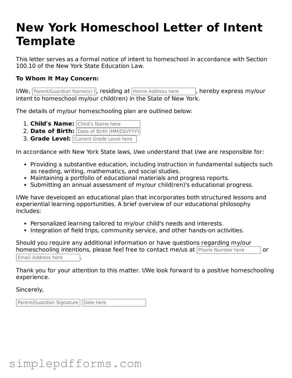 Attorney-Verified Homeschool Letter of Intent Document for New York State