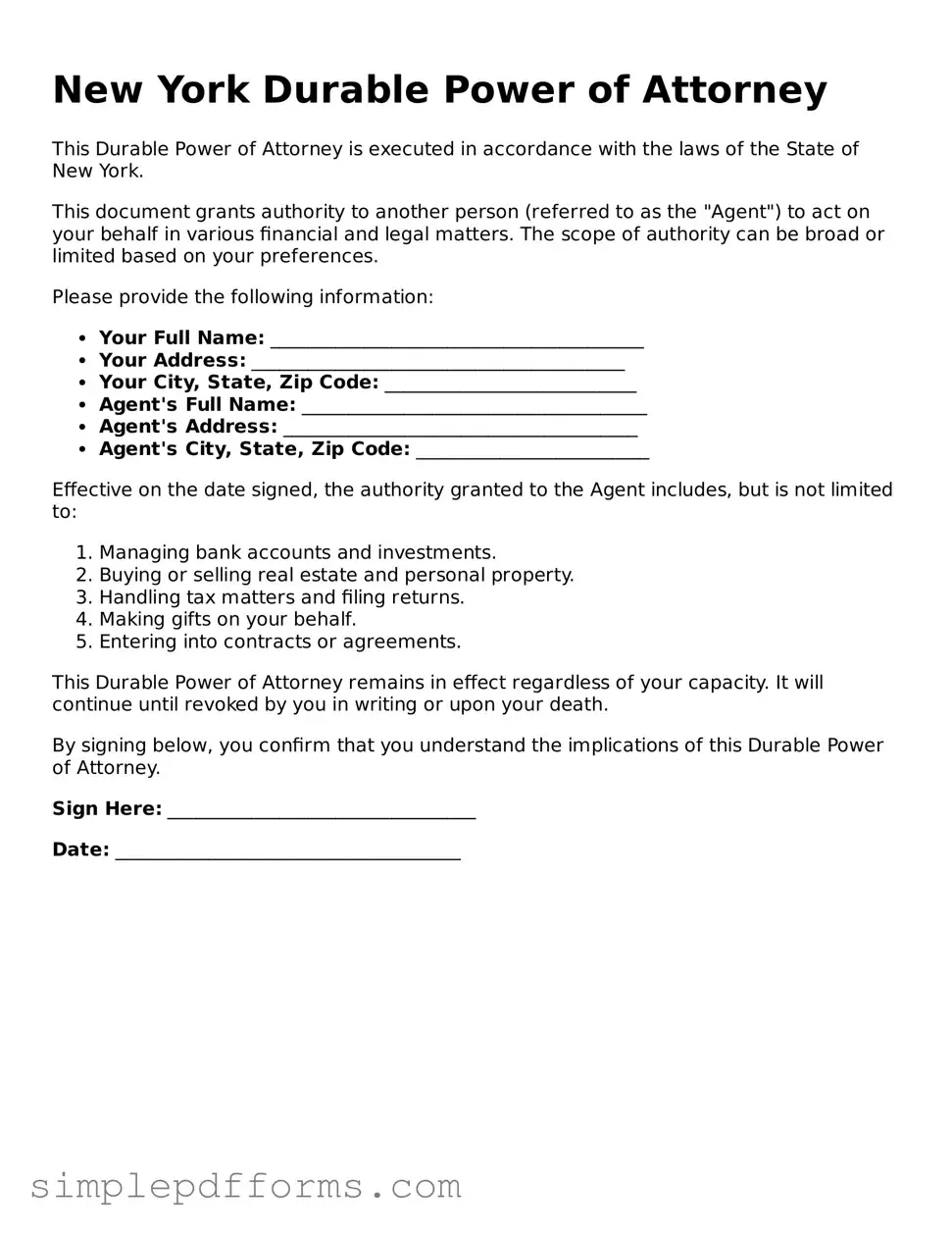 Attorney-Verified Durable Power of Attorney Document for New York State