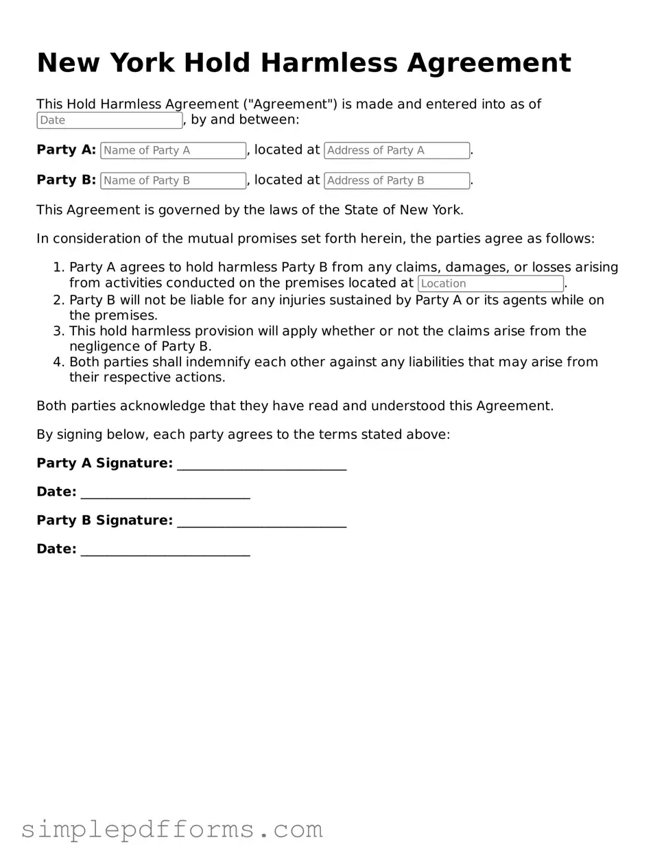 Attorney-Verified Hold Harmless Agreement Document for New York State
