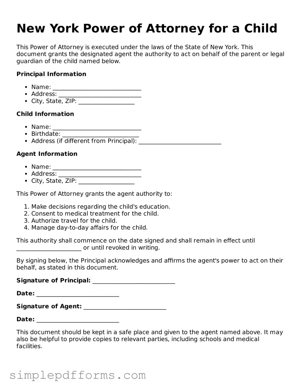 Attorney-Verified Power of Attorney for a Child Document for New York State