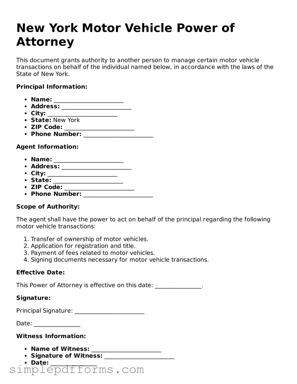 Attorney-Verified Motor Vehicle Power of Attorney Document for New York State