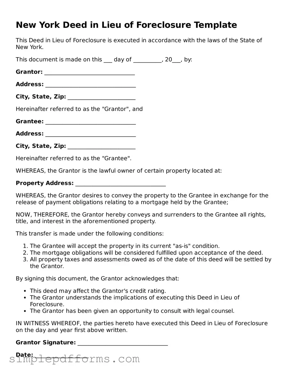 Attorney-Verified Deed in Lieu of Foreclosure Document for New York State