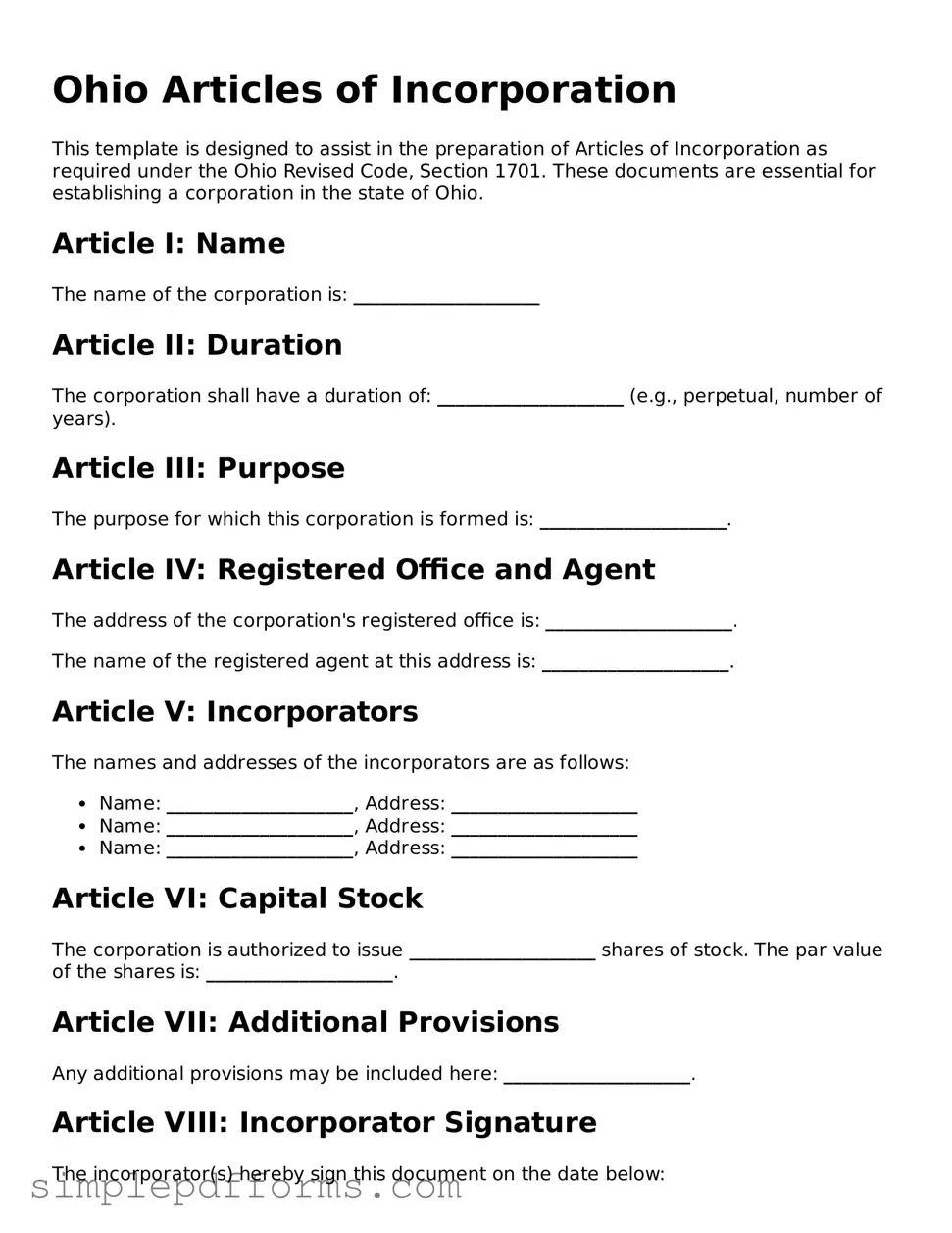 Attorney-Verified Articles of Incorporation Document for Ohio State