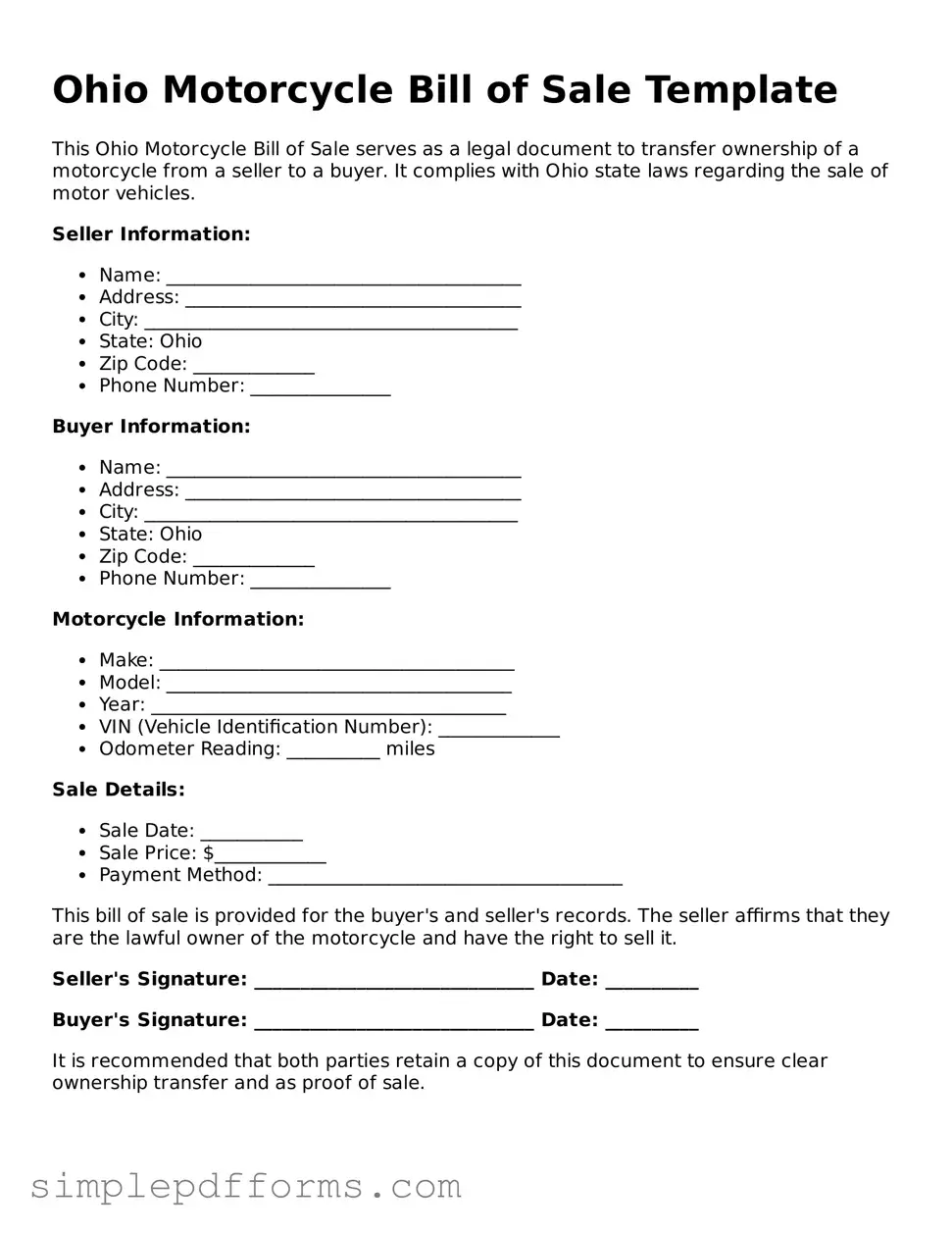 Attorney-Verified Motorcycle Bill of Sale Document for Ohio State