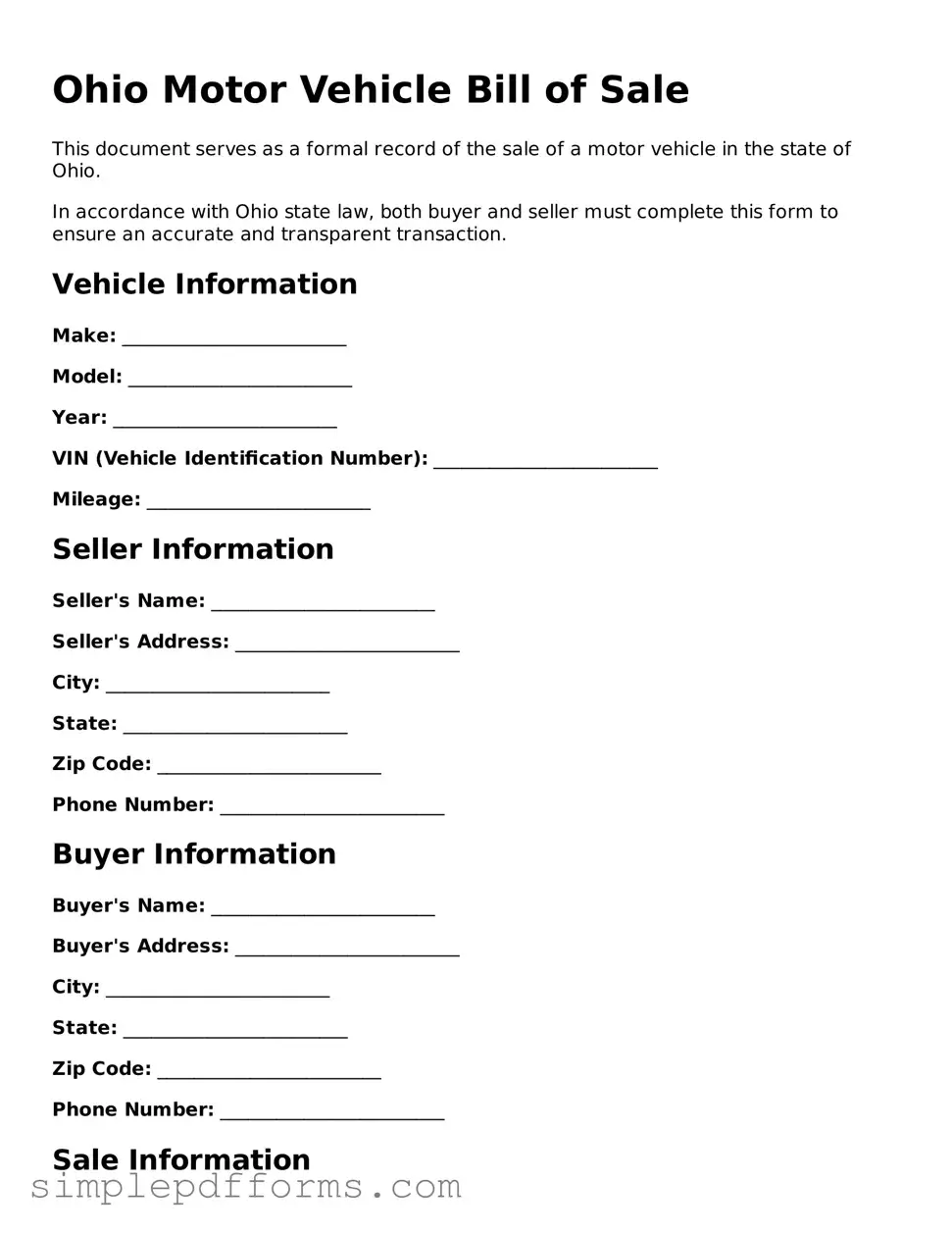Attorney-Verified Motor Vehicle Bill of Sale Document for Ohio State