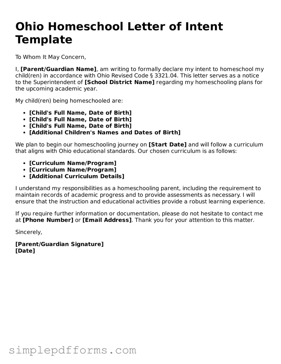 Attorney-Verified Homeschool Letter of Intent Document for Ohio State