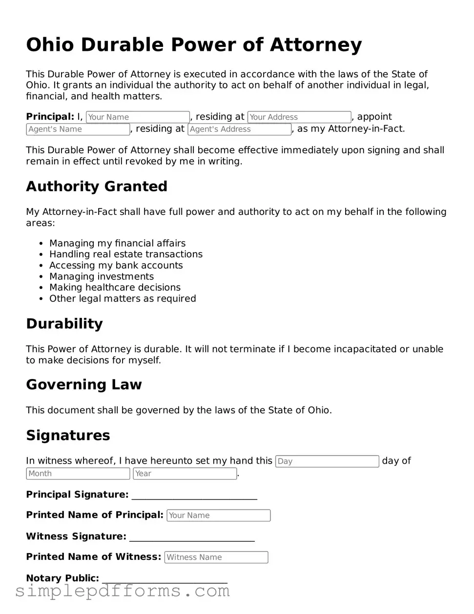 Attorney-Verified Durable Power of Attorney Document for Ohio State