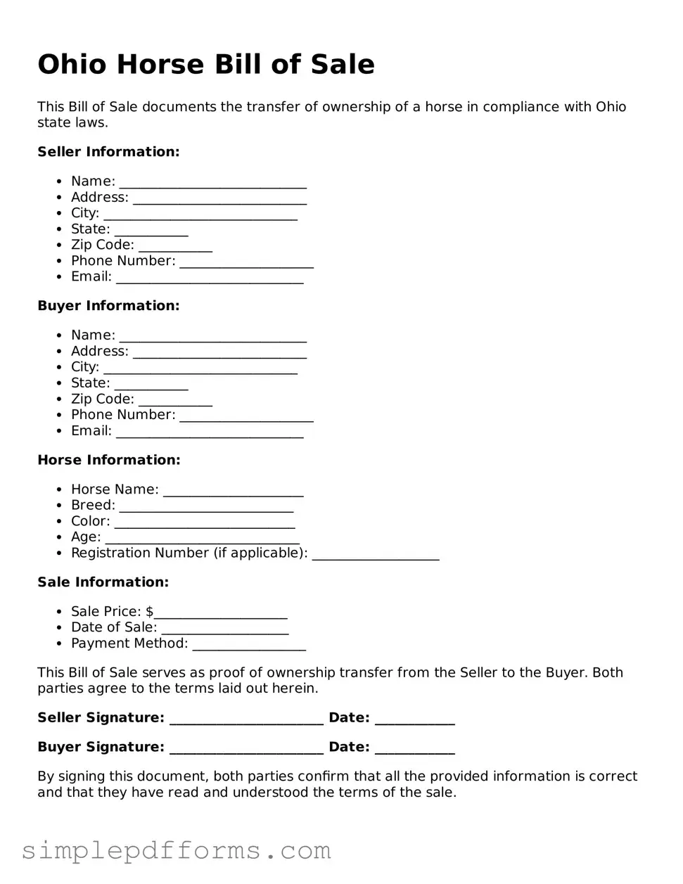 Attorney-Verified Horse Bill of Sale Document for Ohio State