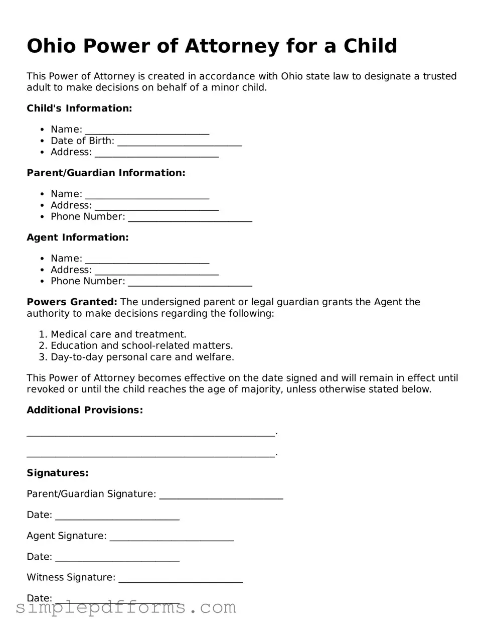 Attorney-Verified Power of Attorney for a Child Document for Ohio State