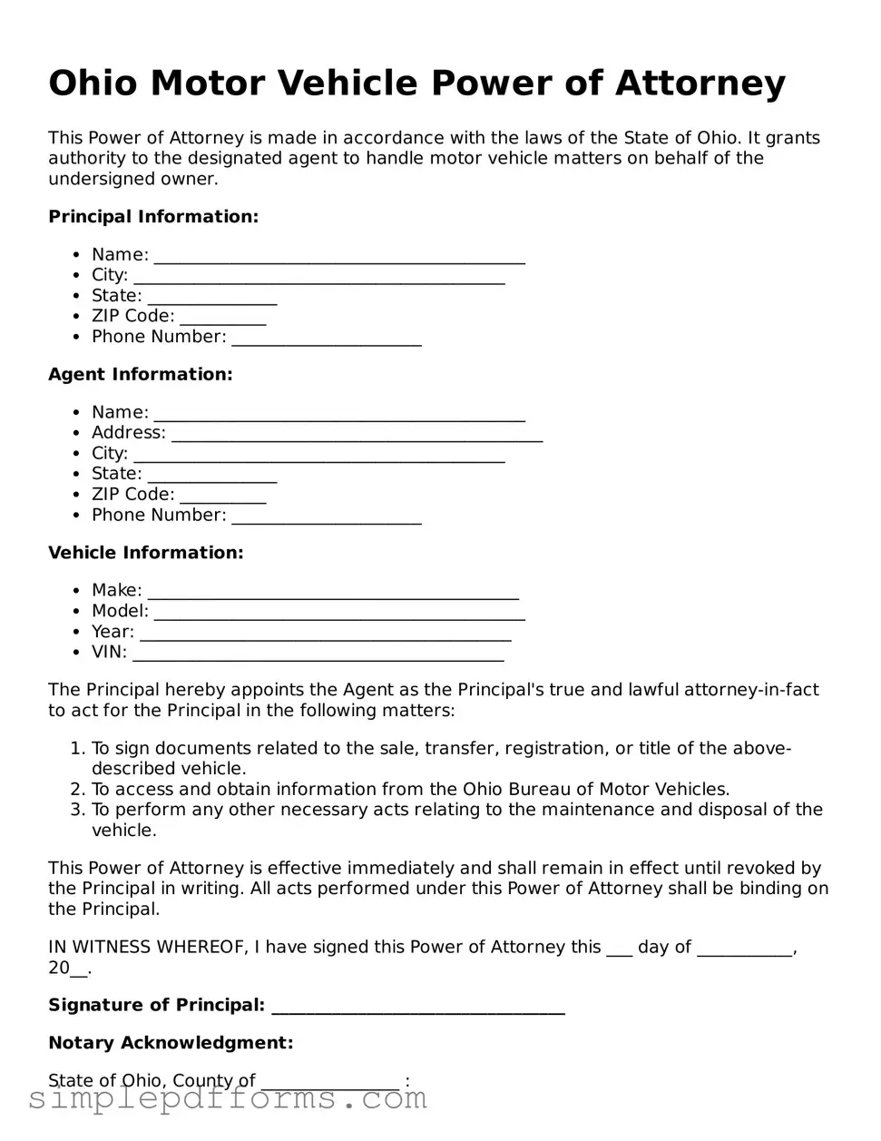Attorney-Verified Motor Vehicle Power of Attorney Document for Ohio State
