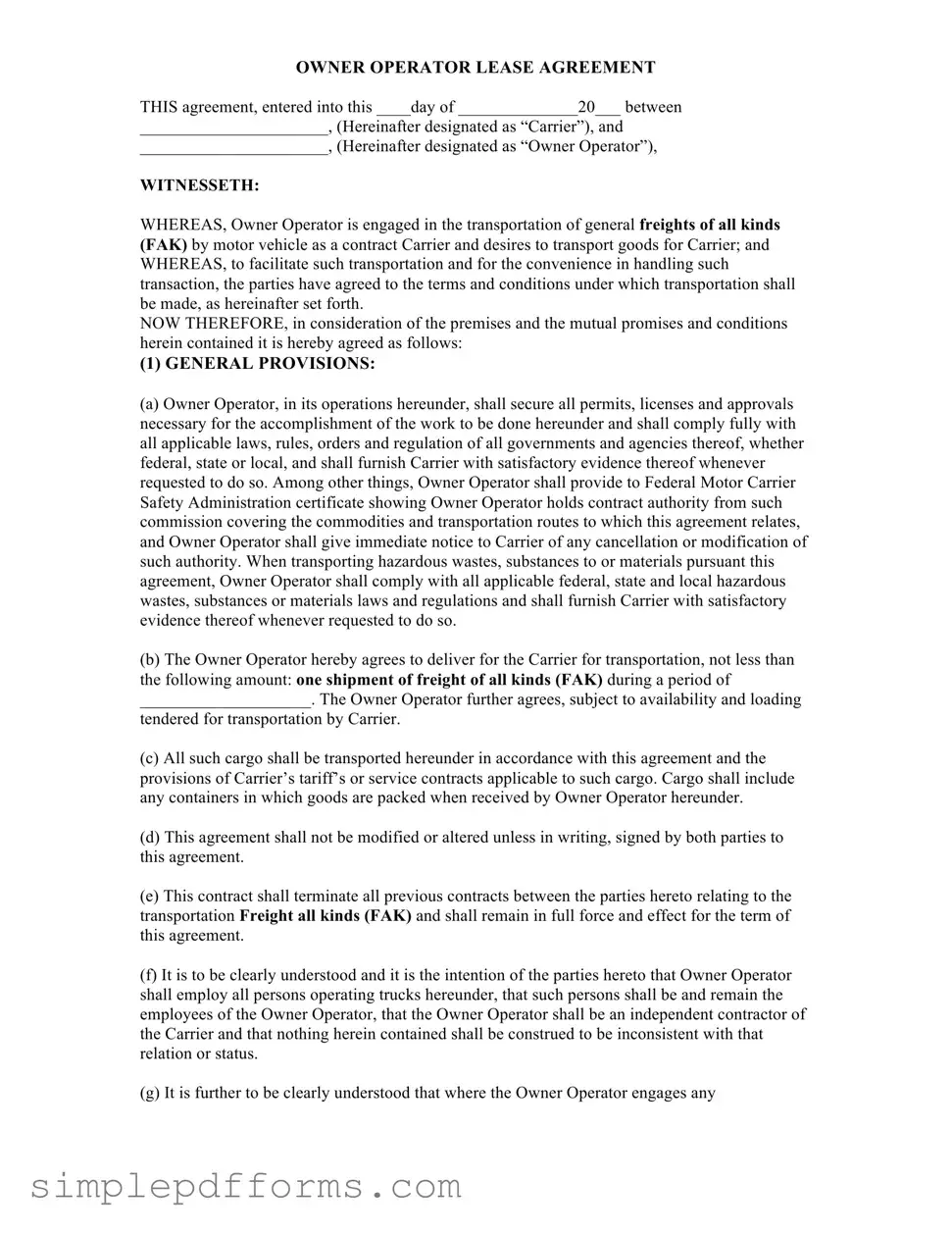 Fill a Valid Owner Operator Lease Agreement Form