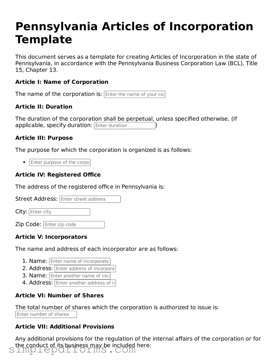Attorney-Verified Articles of Incorporation Document for Pennsylvania State