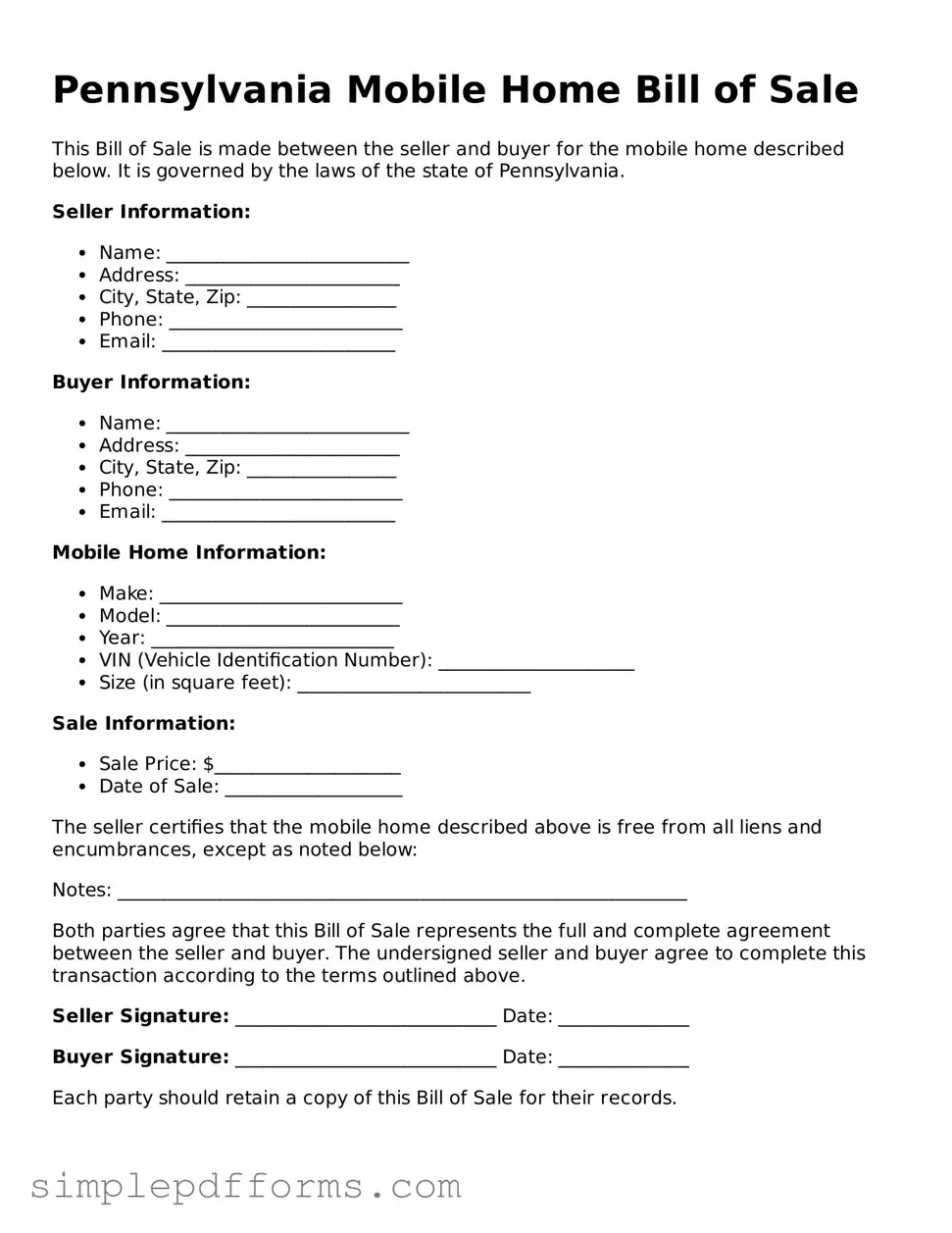 Attorney-Verified Mobile Home Bill of Sale Document for Pennsylvania State