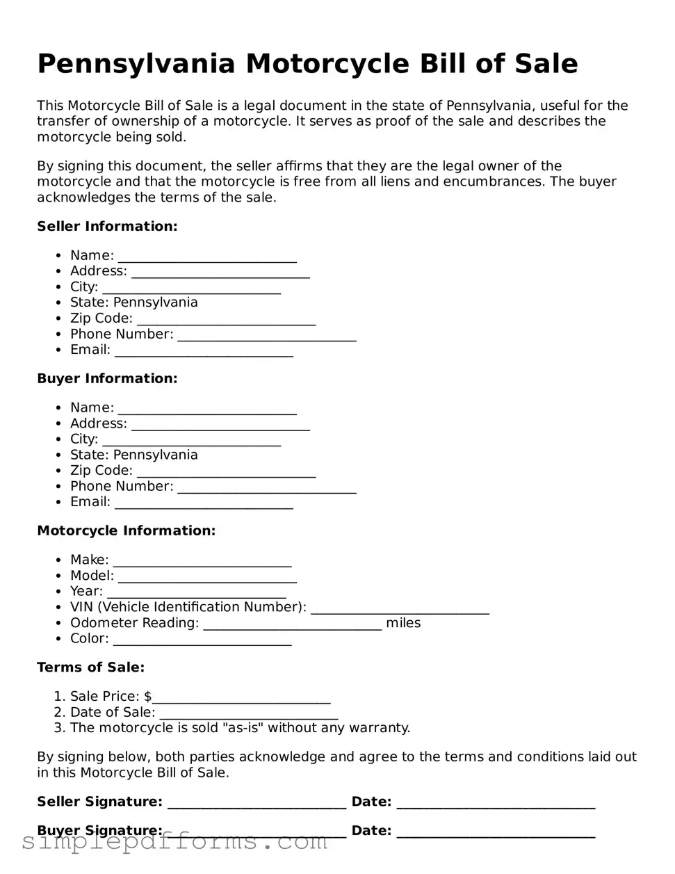 Attorney-Verified Motorcycle Bill of Sale Document for Pennsylvania State
