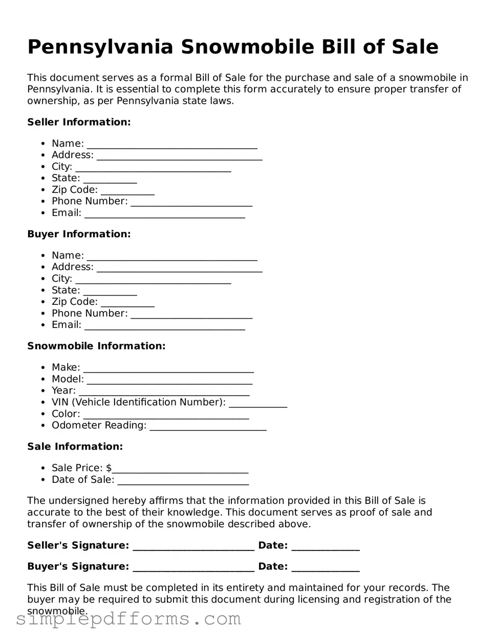 Attorney-Verified Snowmobile Bill of Sale Document for Pennsylvania State