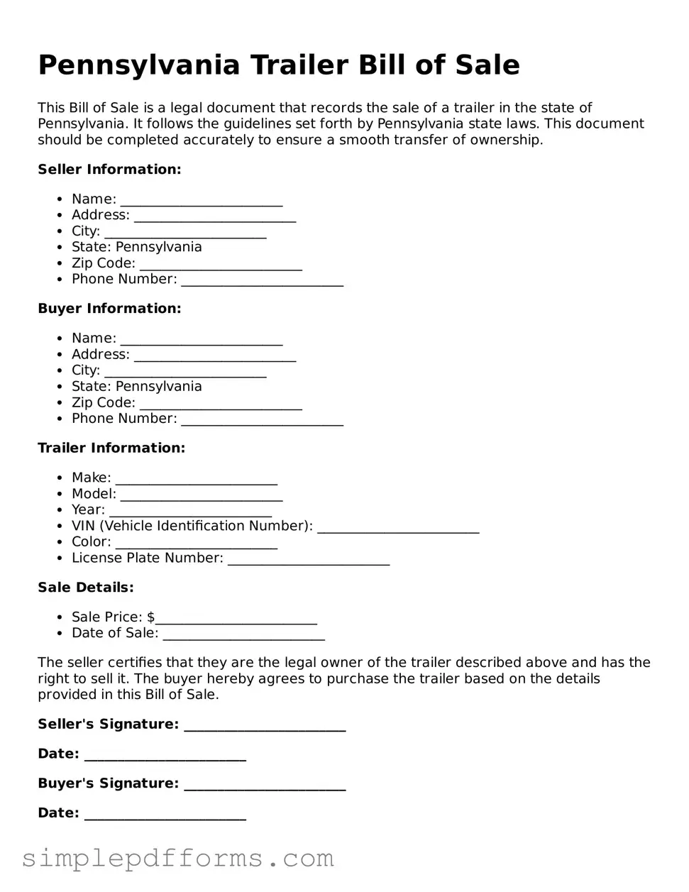 Attorney-Verified Trailer Bill of Sale Document for Pennsylvania State