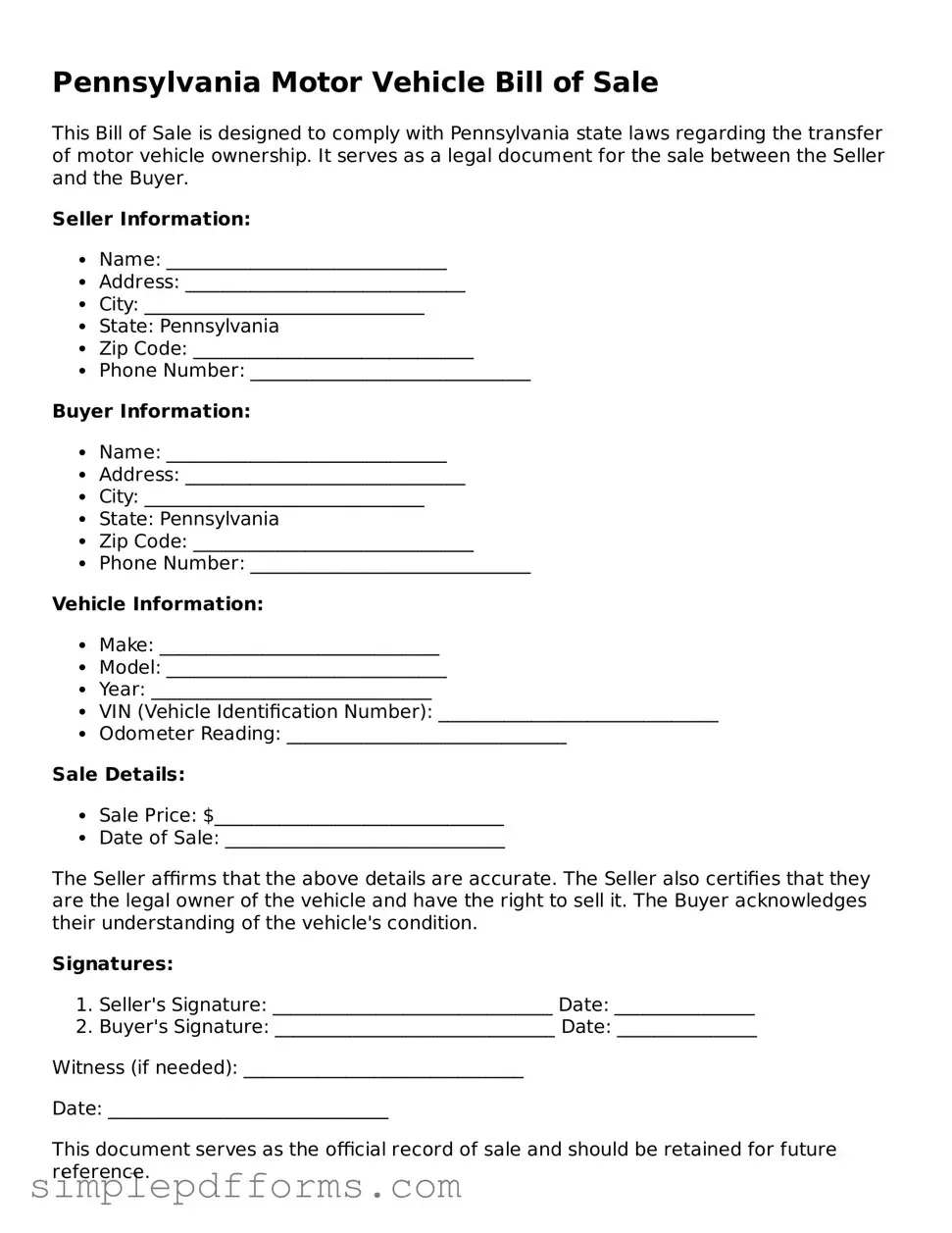 Attorney-Verified Motor Vehicle Bill of Sale Document for Pennsylvania State