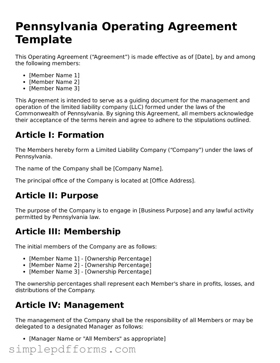 Attorney-Verified Operating Agreement Document for Pennsylvania State