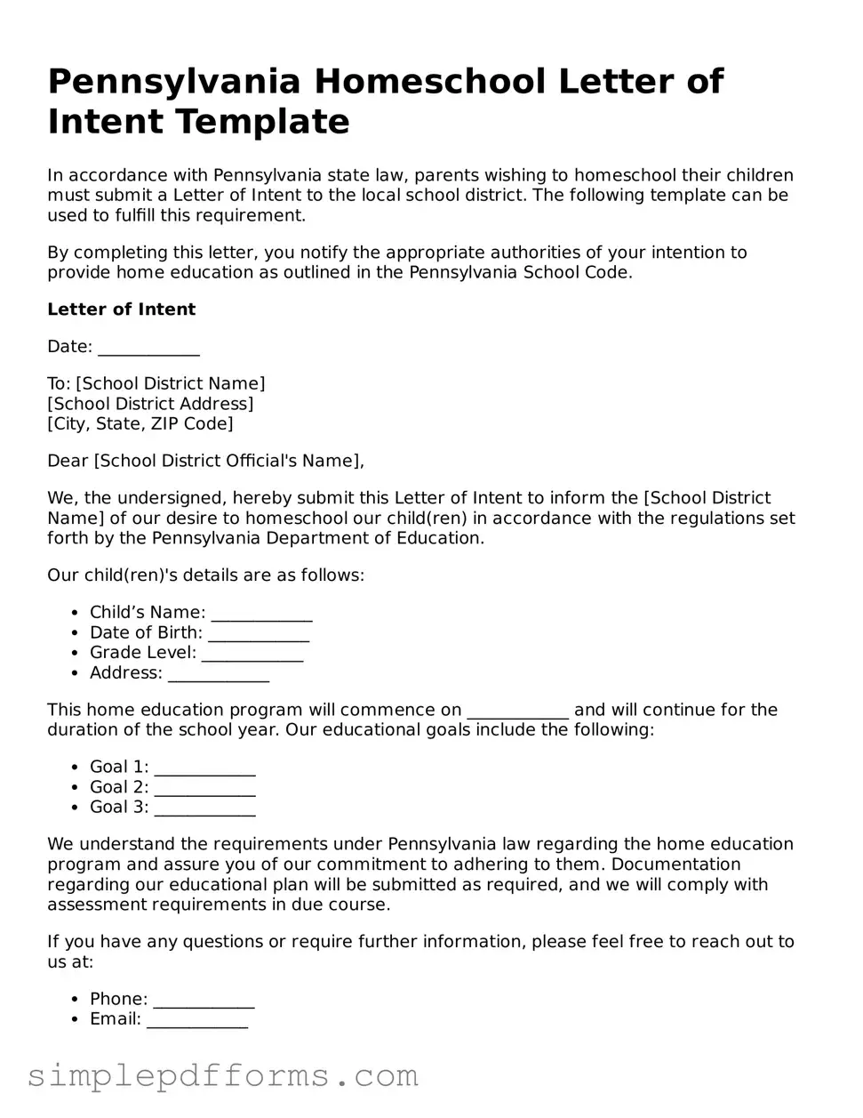 Attorney-Verified Homeschool Letter of Intent Document for Pennsylvania State