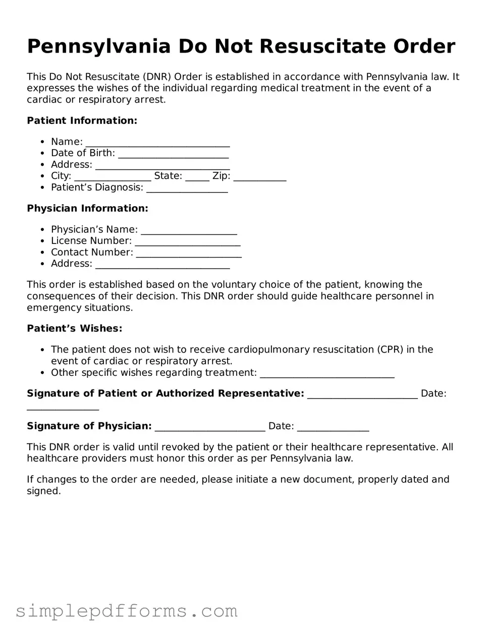Attorney-Verified Do Not Resuscitate Order Document for Pennsylvania State