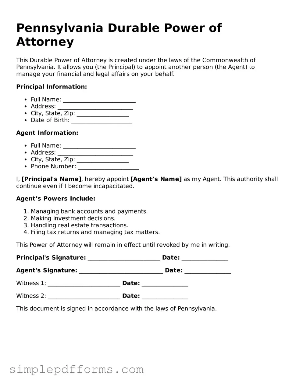 Attorney-Verified Durable Power of Attorney Document for Pennsylvania State