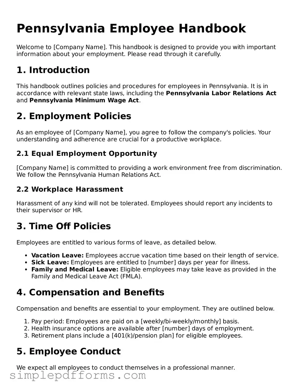Attorney-Verified Employee Handbook Document for Pennsylvania State