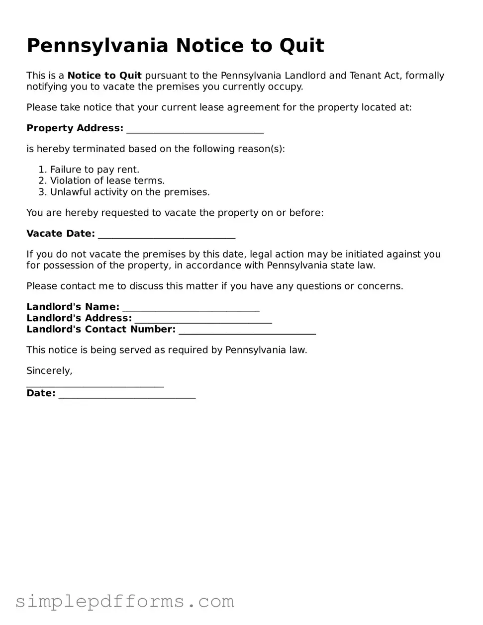 Attorney-Verified Notice to Quit Document for Pennsylvania State