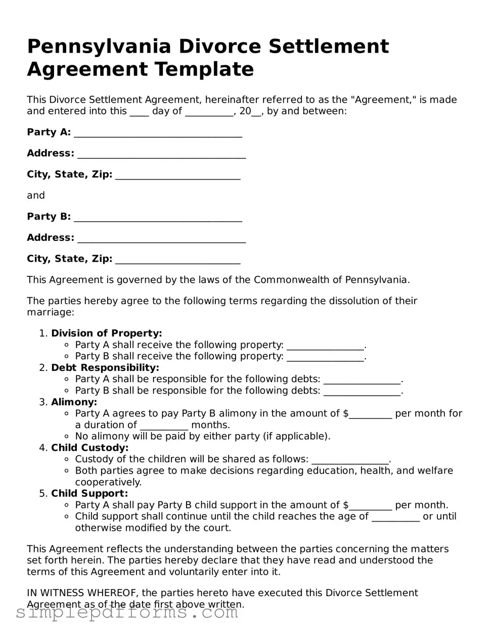 Attorney-Verified Divorce Settlement Agreement Document for Pennsylvania State