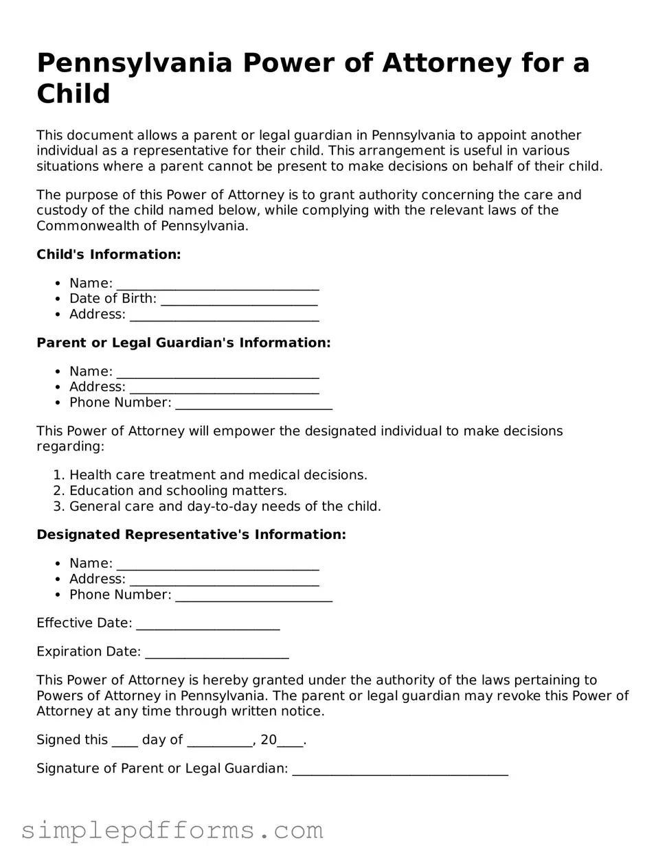Attorney-Verified Power of Attorney for a Child Document for Pennsylvania State