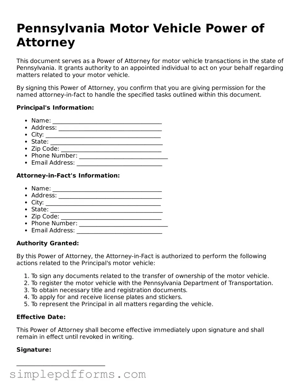 Attorney-Verified Motor Vehicle Power of Attorney Document for Pennsylvania State