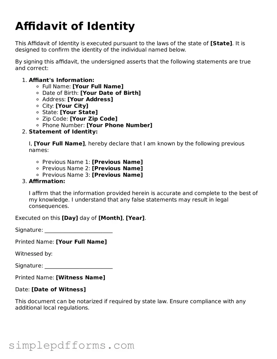 Free Affidavit of Identity Form