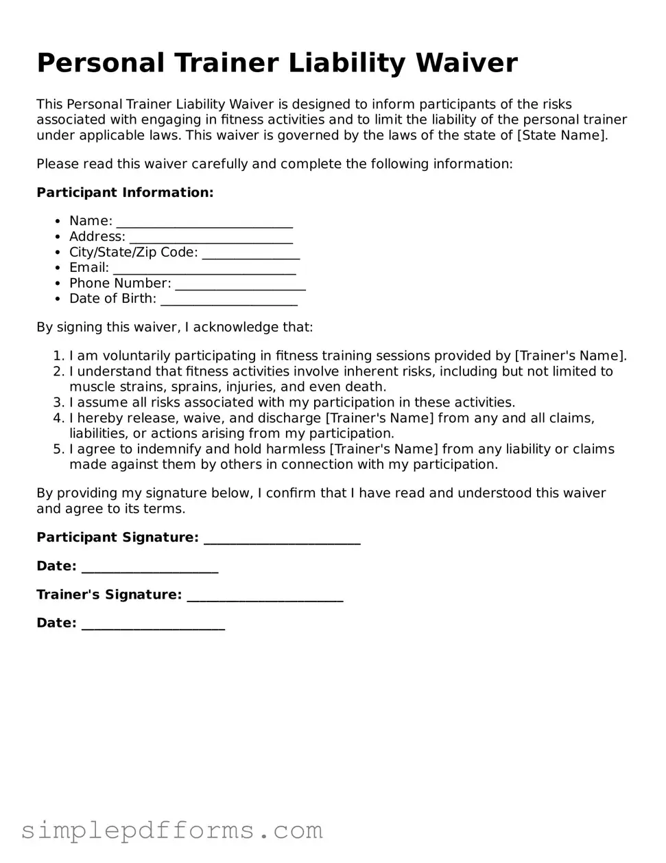 Free Personal Trainer Liability Waiver Form