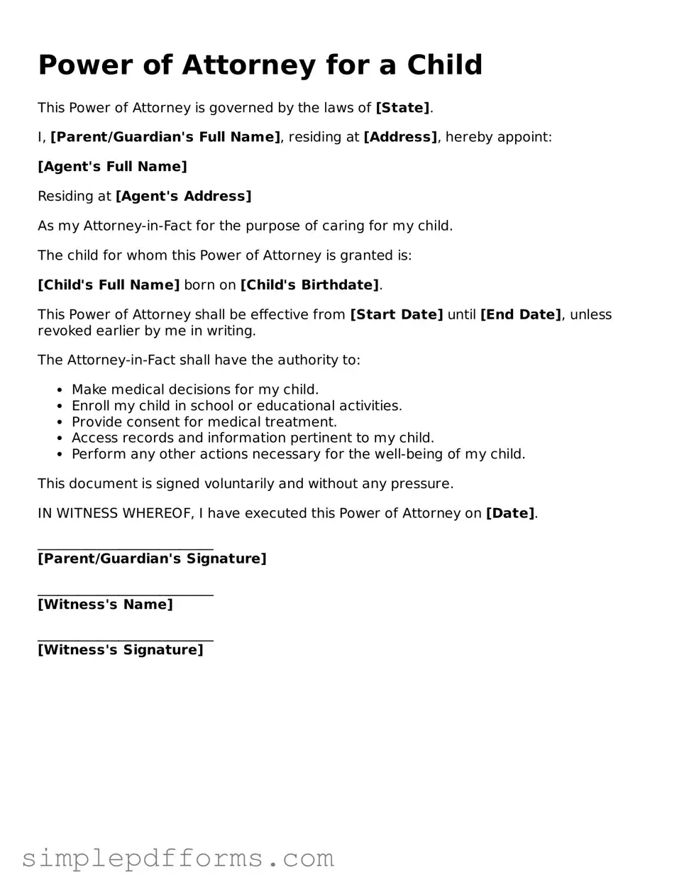 Free Power of Attorney for a Child Form