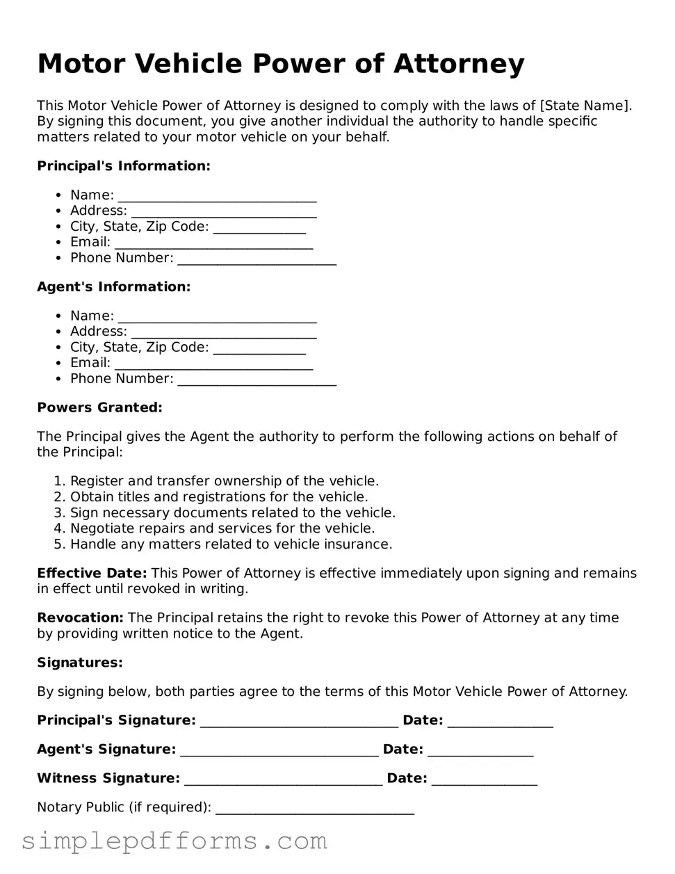 Free Motor Vehicle Power of Attorney Form