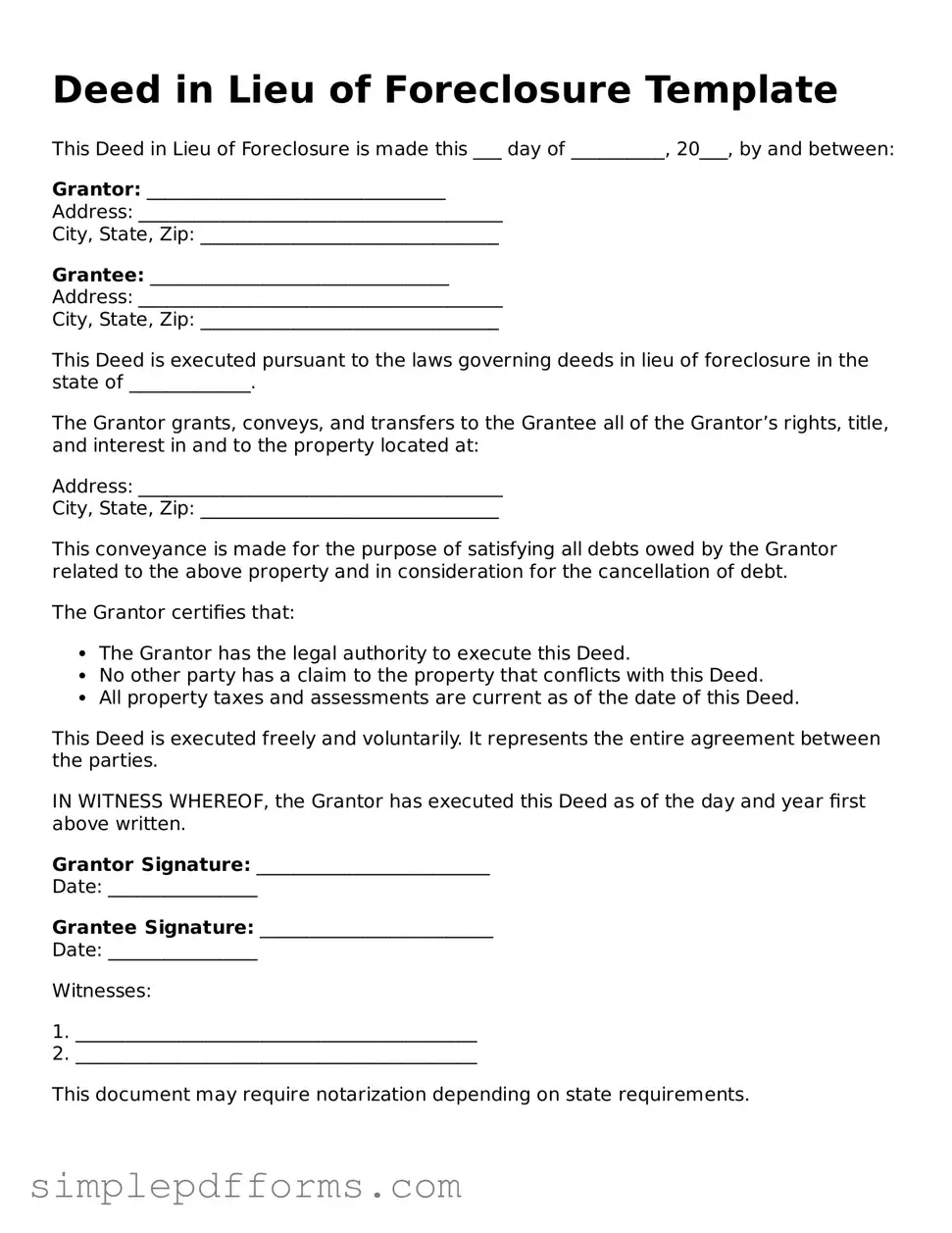 Free Deed in Lieu of Foreclosure Form