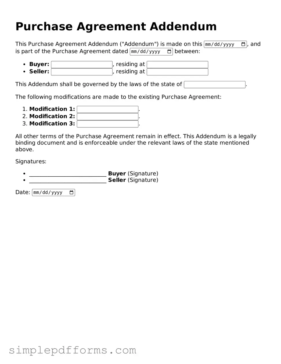 Free Purchase Agreement Addendum Form