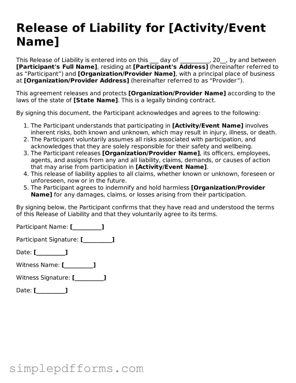 Free Release of Liability Form
