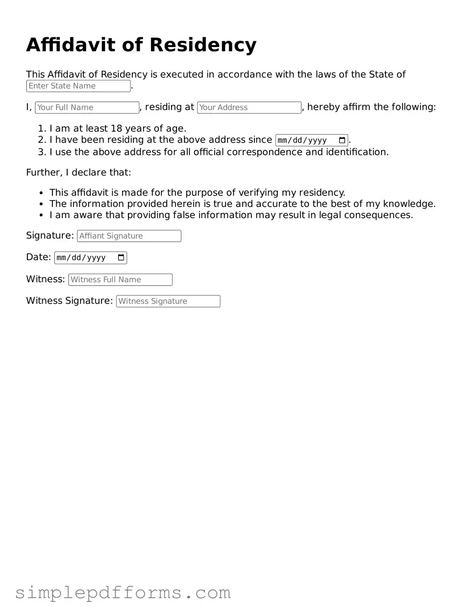 Free Affidavit of Residency Form