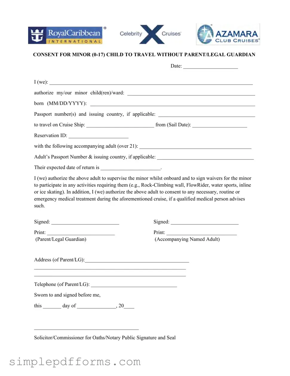 Fill a Valid Royal Caribbean Parental Consent Form