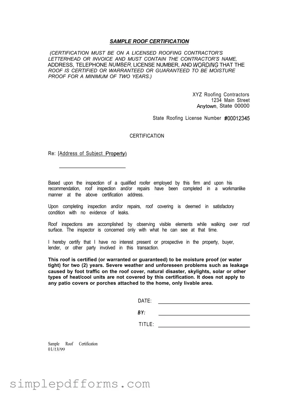 Fill a Valid Sample Roof Certification Form