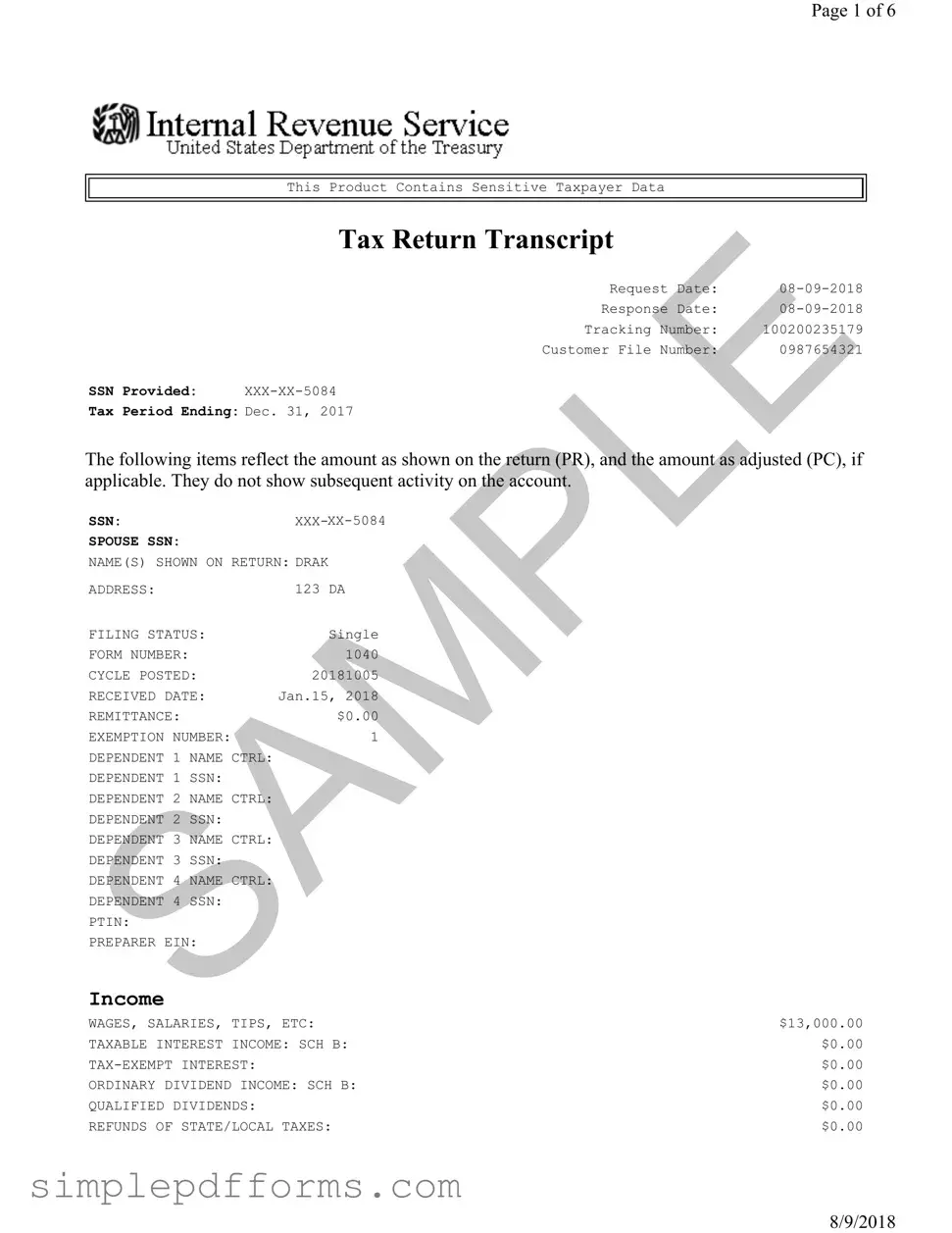 Fill a Valid Sample Tax Return Transcript Form