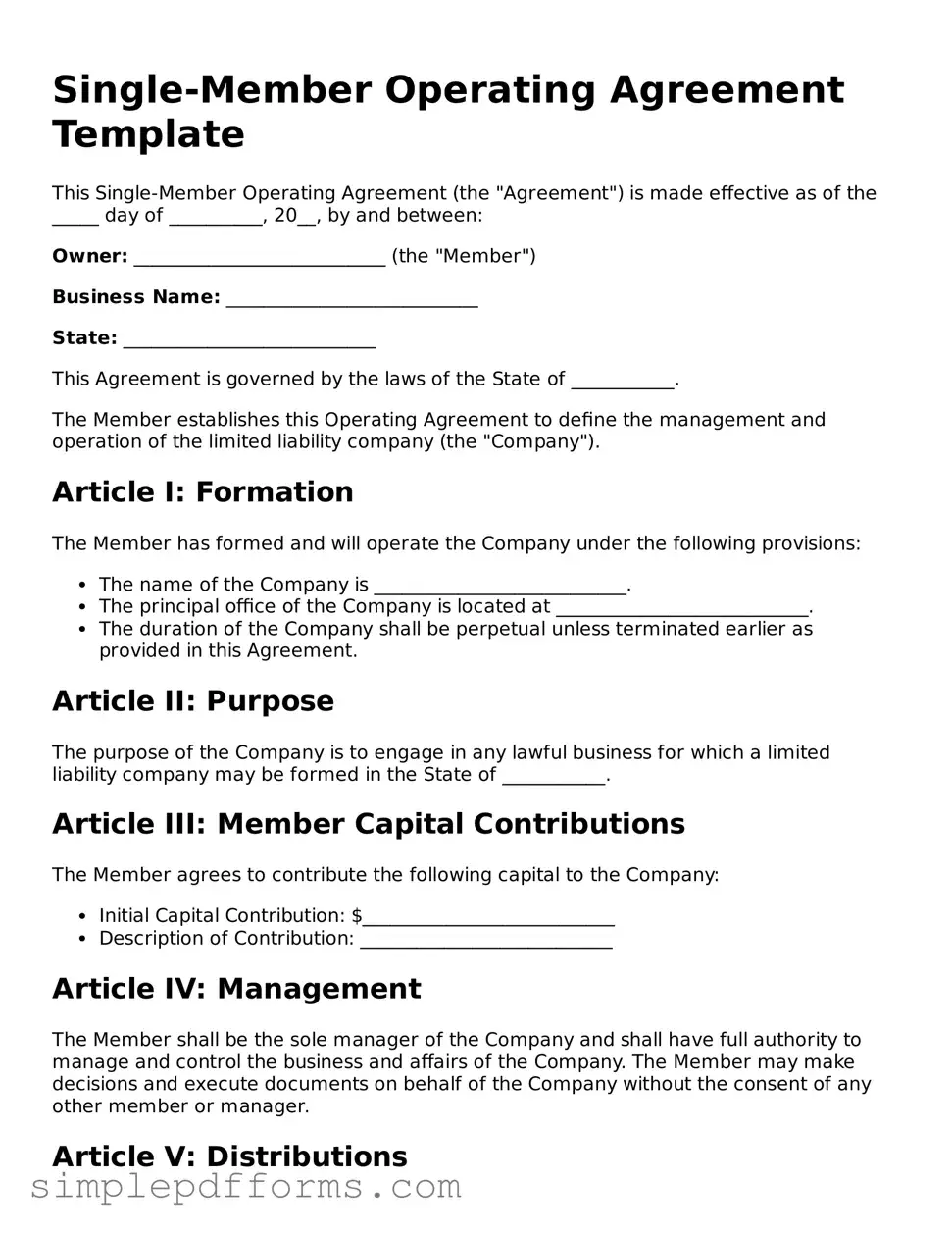 Free Single-Member Operating Agreement Form