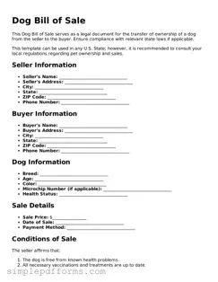 Free Dog Bill of Sale Form