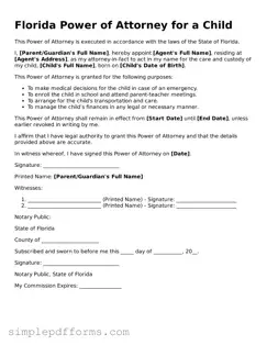 Attorney-Verified Power of Attorney for a Child Document for Florida State