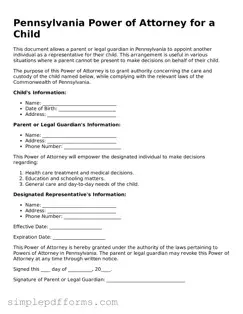 Attorney-Verified Power of Attorney for a Child Document for Pennsylvania State