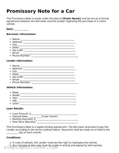 Free Promissory Note for a Car Form