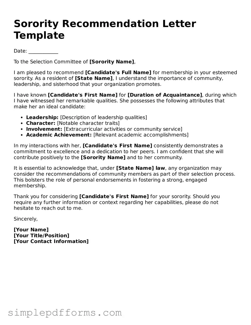 Free Sorority Recommendation Letter Form
