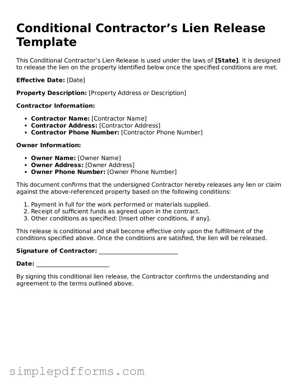 Free Conditional Contractor’s Lien Release Form