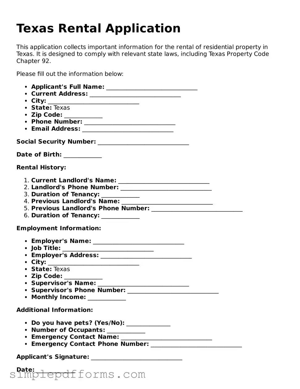 Attorney-Verified Rental Application Document for Texas State